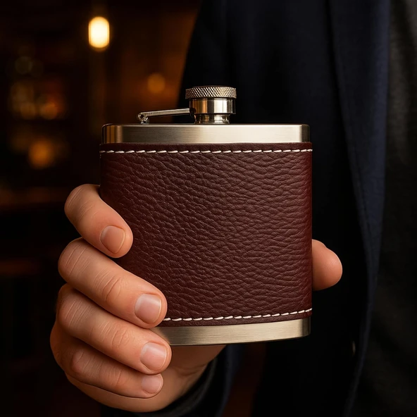 Perlotus 5 Oz-150 Cc Hunili Kahve Brown Deri Çelik Viski Konyak Matarası ürün görseli 1