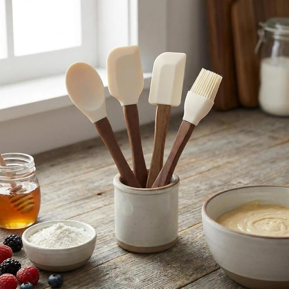 Amberhaus 4'Lü Akasya Ahşap Saplı Silikon Spatula Seti - 21 Cm Kavanoz Sıyırma, Pasta Süsleme Yumurta Fırçası - Yanmaz Yapışmaz Mutfak Seti ürün görseli 1