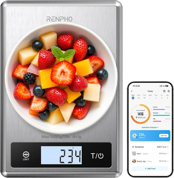 Renpho Akıllı Gıda Mutfak Terazisi, Beslenme Hesaplayıcılı Gıda Ağırlık Ölçeği, Dijital Gıda Ölçeği Gram Kaybı, Kalori, Makro Pişirme Için Ons, Paslanmaz Çelik ürün görseli 1