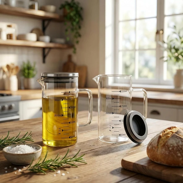 Deconox 2'Li Set Paslanmaz Çelik Kapaklı Borosilikat Cam Yağdanlık Ölçü Kabı - 350Ml - Isıya Dayanıklı Damlatmaz Sosluk, Sütlük Mutfak Hazırlık Sürahisi - Şeffaf Tasarım ürün görseli 1