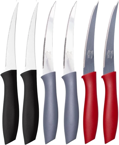 Sebze Meyve Bıçağı, Çelik, Siyah + Gri + Kırmızı Kesim Tırtıklı Uç, 22 Cm, 6 Adet ürün görseli 1