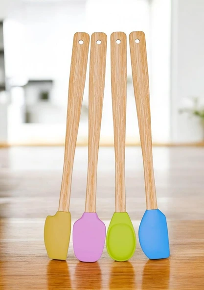 Deconox 4 Adet 4 Renk Ahşap Saplı Pastel Renkli Isıya Dayanıklı Silikon Spatula Seti Mutfak Seti Renkli Kaşık Spatula (Canli Renkler) ürün görseli 1