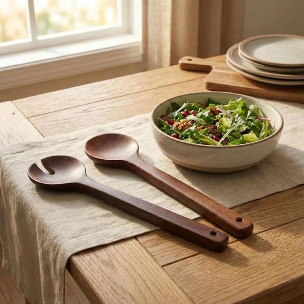 Amberhaus Akasya Naturel Ahşap 2’Li Salata Kaşığı Seti | Dayanıklı Ergonomik Servis Kaşıkları | 27.5 Cm | Doğal Ahşap Sofra Takımı ürün görseli 1