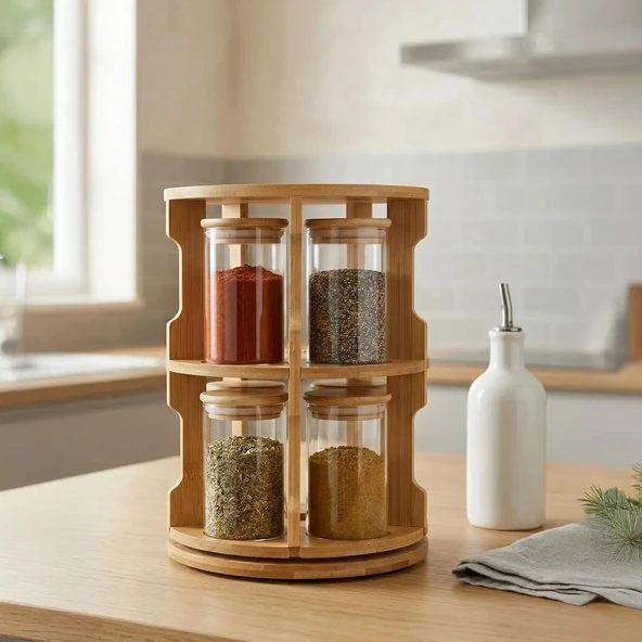 Deconox Doğal Bambu 360° Döner Standlı 10'Lu Cam Baharatlık Seti - Büyük Boy (250 Ml) Ahşap Kapaklı Baharat Takımı ürün görseli 1