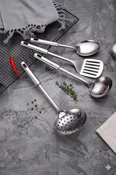 Duffa 4 Parça Çelik Mutfak Servis Seti, Kepçe Kevgir Spatula Kaşık Takımı Çeyiz Seti, Mutfak Sofra Seti Ergonomik Saplı ürün görseli 1