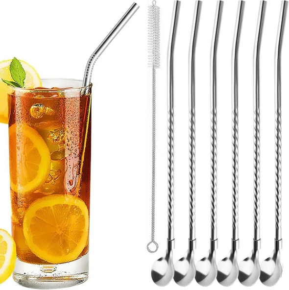 Aee® 7'Li Paslanmaz Çelik Kaşıklı Metal Pipet Seti 6 Adet Pipet Pipet Temizleme Fırçası Cam Pipet ürün görseli 1