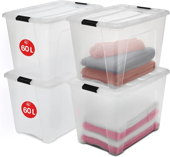 Iris Ohyama Kapaklı Saklama Kutuları, 60L, 4'Lü Set, Şeffaf, Güvenli Tokalar, İstiflenebilir, Çekme Kulpları, Yatak Odası, Dolap, Ofis, Organizasyon İçin, Bpa İçermeyen Plastik, Giysi Çantası, Ntb-60 ürün görseli 1