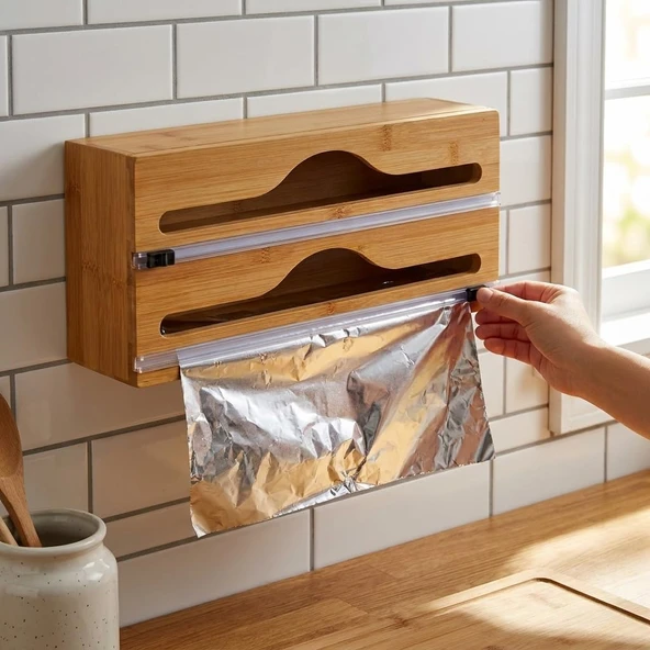 Deconox 2 Bölmeli Doğal Bambu Folyoluk Streç Film Organizer - Sürgülü Bıçaklı Duvara Monte Edilebilir Çekmece İçi Düzenleyici Pişirme Kağıdı Alüminyum Folyo Standı (35,5 X 14 X 7 Cm) ürün görseli 1