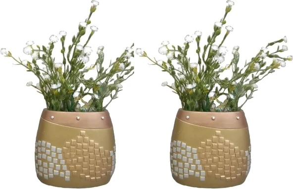 2 Adet Vazo Dahi̇l,Vazoda Çi̇çek,Beyaz Yapay Çi̇çek,Vazo Dekorati̇f Altin Mozai̇k Poli̇resi̇n 10X15X5Cm ürün görseli 1