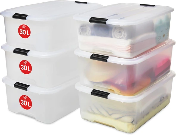 Iris Ohyama Kapaklı Plastik Saklama Kutuları, 30L, 6'Lı Set, Şeffaf ürün görseli 1