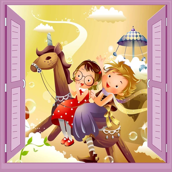 Çocuk Odası Bebek Odası Pencere Poster Duvar Kağıdı At Kız ürün görseli 1
