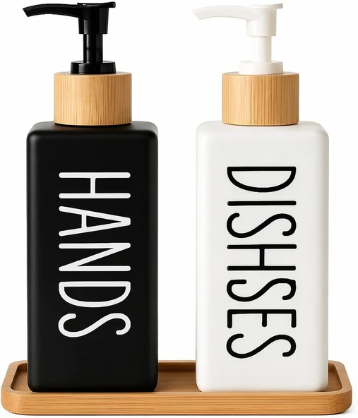 Minimalist Bambu Tepsili Siyah Beyaz Sabunluk Deterjan Dispenser Seti, Mutfak, Banyo Lavabo İçin Şık, Dayanıklı, Kaymaz Tabanlı, Geniş Ağızlı, Kolay Dolumlu Sıvı Sabunluk & Bulaşık Deterjan Şiş ürün görseli 1