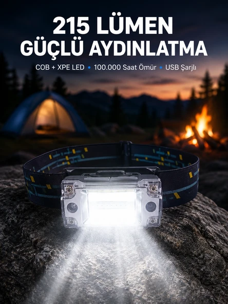 Şarj Edilebilir Led Kafa Feneri 215 Lümen Xpe Cob Güçlü Aydınlatma ürün görseli 1