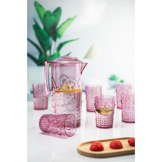 Akrilik Mürdüm Sürahi 2,3 Lt 6'Lı & Su Meşrubat Kahve Yanı Bardağı 400 Ml Seti