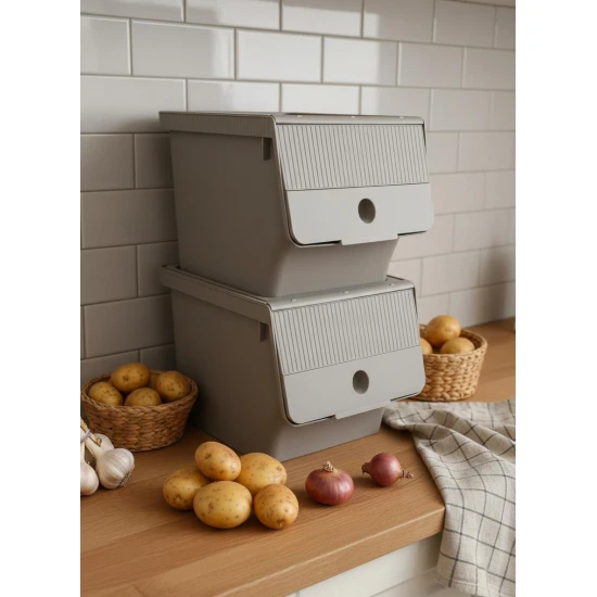 Vizon 2'Li 13,5 Lt Modubox Kayar Kapaklı Saklama Kabı & Patates Soğan Kovası & Erzak Kutusu