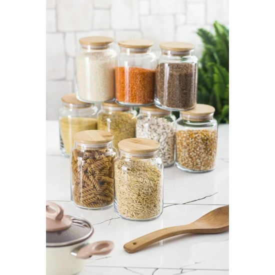 9 Lu Set Bambu Kapaklı Cam Kavanoz & Erzak Saklama Kabı 800 Ml Orta Boy ( Vakum Kapak )