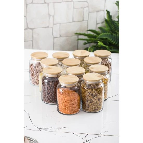 12 Li Set Bambu Kapaklı Cam Kavanoz & Erzak Saklama Kabı 800 Ml Orta Boy ( Vakum Kapak )