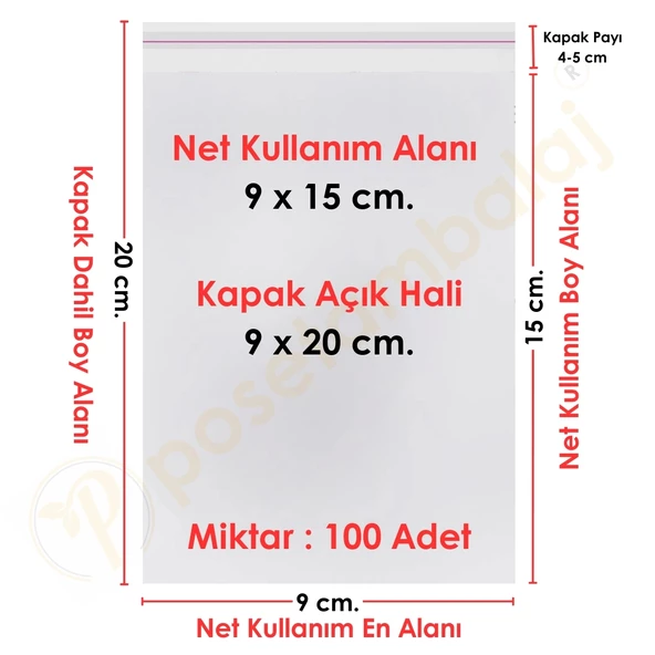 9x15+5 cm. (9x20) 100 Adet - Şeffaf Bantlı Yapışkanlı OPP Jelatin Poşet ürün görseli 1