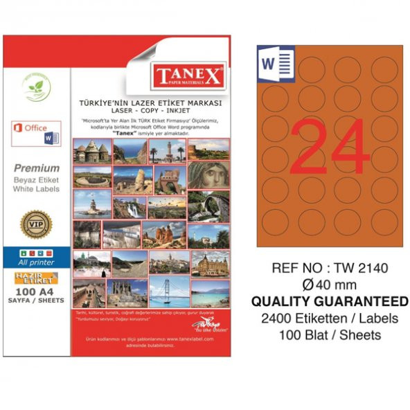 Tanex Laser Etiket 100 YP 0.40 MM Laser-Copy-Inkjet Yuvarlak Turuncu TW-2140 ürün görseli 1