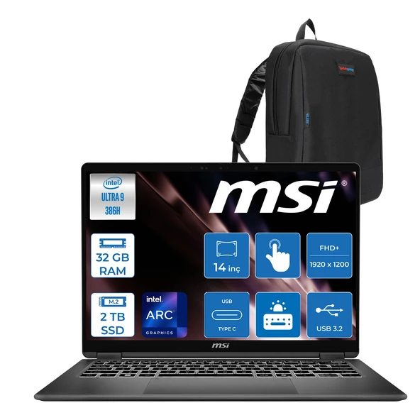 Msı Prestıge 14 Flıp Aı+ D3MTG Intel Core Ultra 9 386H Aı 32 GB Ddr5 2tb SSD 14” Fhd+ (1920X1200), OLED Touch, 100% Dcı-P3+Msi Nano Kalem Freedos Dokunmatik Bilgisayar G3MGXTRF14+ZETTAÇANTA