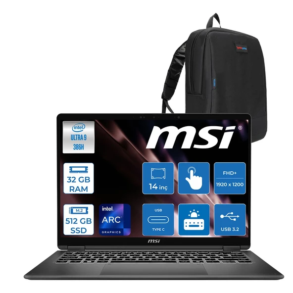 Msı Prestıge 14 Flıp Aı+ D3MTG Intel Core Ultra 9 386H Aı 32 GB Ddr5 512 GB SSD 14” Fhd+ (1920X1200), OLED Touch, 100% Dcı-P3+Msi Nano Kalem Freedos Dokunmatik Bilgisayar G3MGXTRF12+ZETTAÇANTA