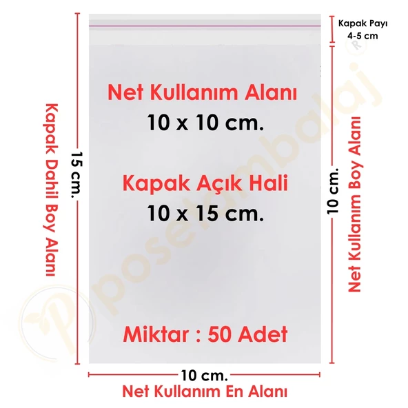 10x10+5 cm. (10x15) 50 Adet - Şeffaf Bantlı Yapışkanlı Jelatin Poşet ürün görseli 1