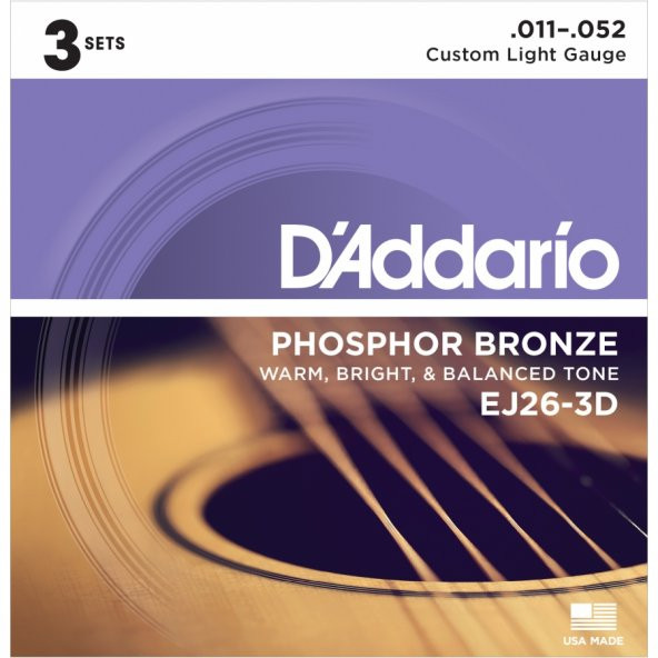 DADDARIO EJ26-3D AKUSTİK GİTAR TEL SETİ, 3'LÜ PAKET, PHOSPHOR-BRONZ ürün görseli 1