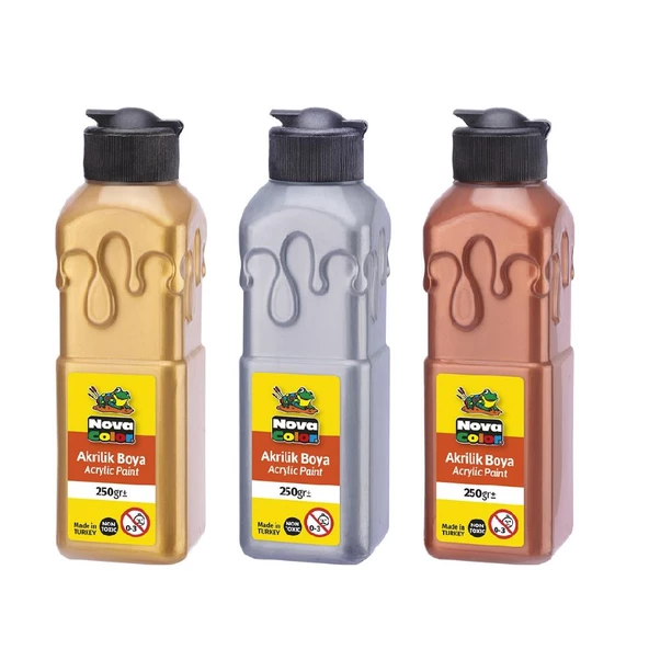 Akrilik Boya 250 Ml 3 Renk Altın Sarı - Gümüş Gri - Bakır Yaldız 1 Paket Nova Color Akrilik Boyalar 250 Ml 3 lü ürün görseli 1