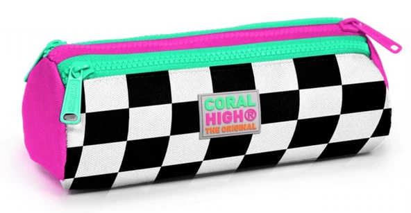 Coral High Pembe Damalı Üç Bölmeli Kalem Çantası -Kız Çocuk ürün görseli 1