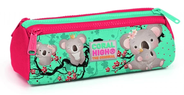 Coral High Kırmızı-Yeşil Koala Baskılı Üç Bölmeli Kalem Çantası -Kız Çocuk ürün görseli 1