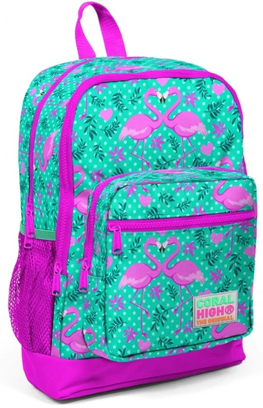 Coral High Pembe-Yeşil Flamingo Desenli İlkokul ve Günlük Sırt Çantası - Kız Çocuk ürün görseli 1