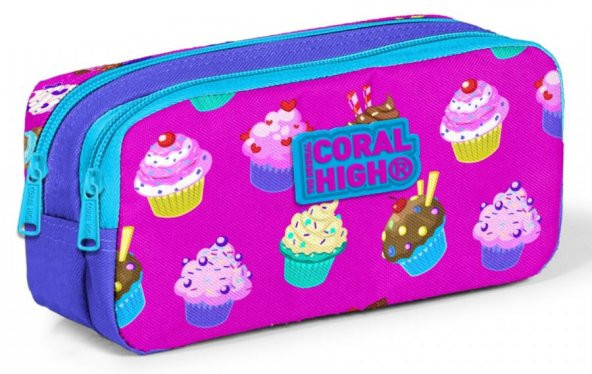 Coral High Pembe Cupcake Baskılı İki Bölmeli Kalem Çantası -Kız Çocuk ürün görseli 1