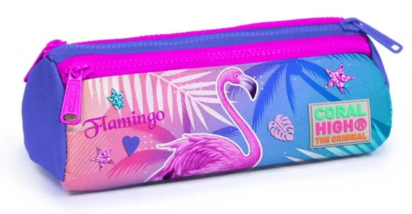 Coral High Mor Flamingo Baskılı Üç Bölmeli Kalem Çantası -Kız Çocuk ürün görseli 1