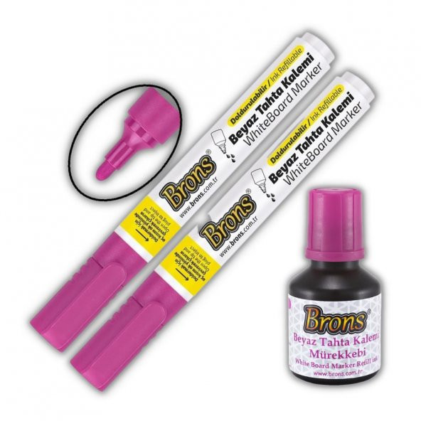 Pembe Yazı Tahta Kalemi Doldurulabilir 2 Adet ve Silinebilir Mürekkep 30 ml 1 Adet Brons Yazı Tahta Kalem Seti ürün görseli 1