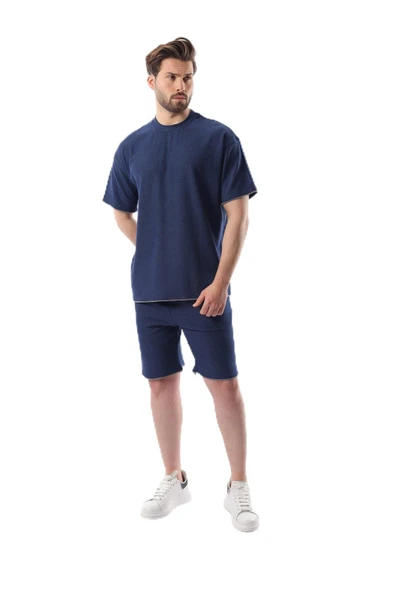 Madmext Lacivert Nakış Detaylı Erkek Şort T-Shirt Takım E7305,Lacivert S