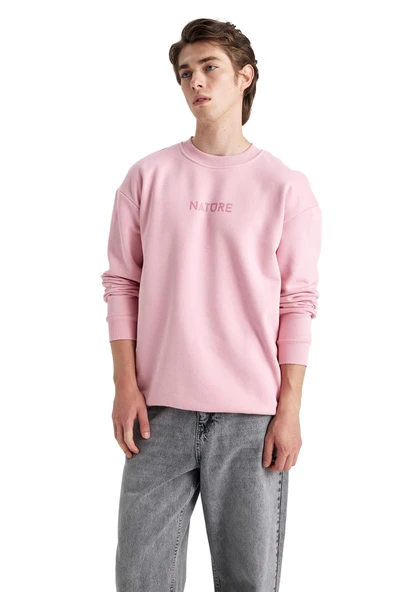 Boxy Fit Bisiklet Yaka Baskılı Sweatshirt Pembe S