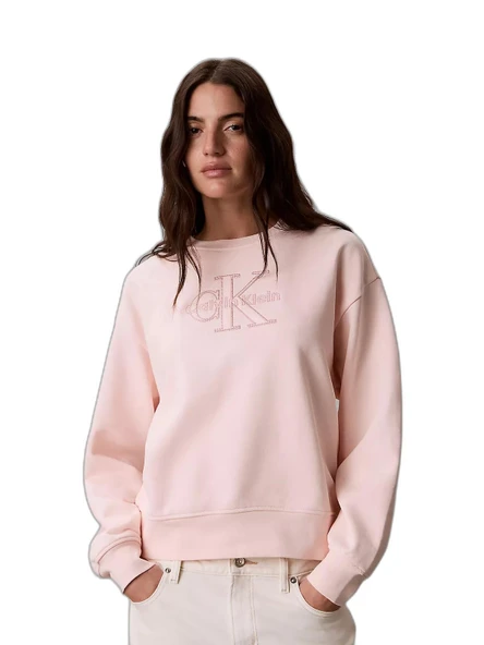 Kadın Rahat Kesim CK Logo İşlemeli Yuvarlak Yakalı Uzun Kollu Pembe Sweatshirt LV047G820G-VG3