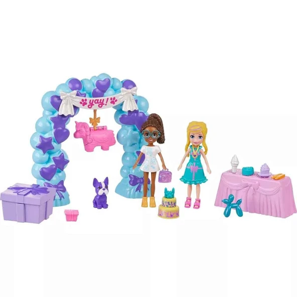 POLLY POCKET™ POLLY™ Doğum Günü Partisi Paketi Polly Pocket Doğum Günü Partisi Paketi, bebek ve evcil hayvan oyun seti, moda ve yiyecek temalı aksesuarlar, seyahat oyuncağı JCC33