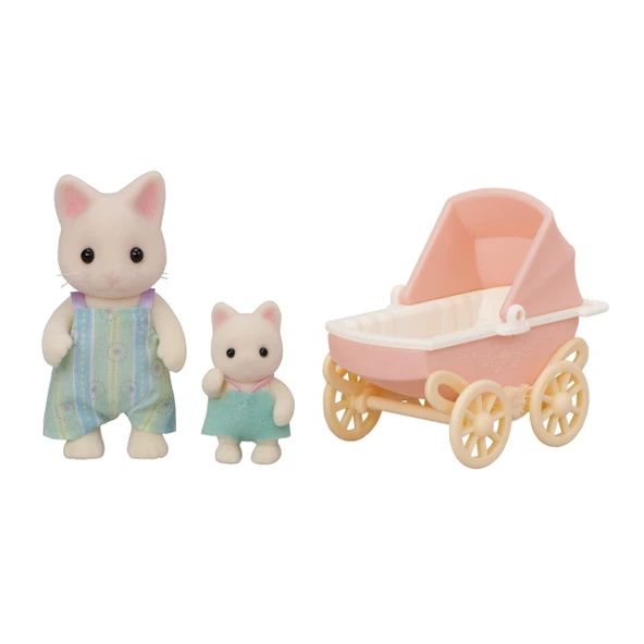 Sylvanian Families EPOCH Çiçekli Kedi Baba Ve Bebek Arabası Seti, Oyuncak