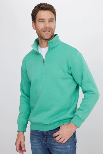 TUDORS Relax Fit Rahat Kesim Pamuklu İçi Polarlı Yarım Fermuarlı Dik Yaka Sweatshirt, L, SW240002, Yeşil, erkek