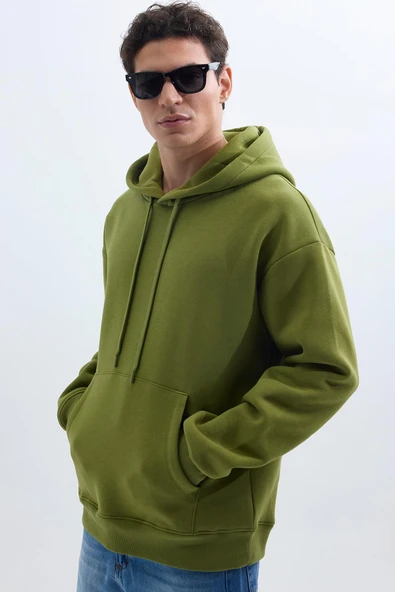 TUDORS Kapüşonlu Sweatshirt Oversize Geniş Kesim İçi Polarlı, M, SW240001-01, Yeşil, erkek