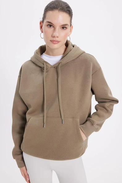 TUDORS Kapüşonlu Sweatshirt Oversize Geniş Kesim İçi Polarlı, M, SW250025-02, Yeşil, kadın
