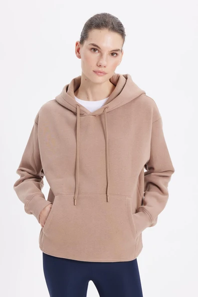 TUDORS Kapüşonlu Sweatshirt Oversize Geniş Kesim İçi Polarlı, M, SW250025, Vizon, kadın