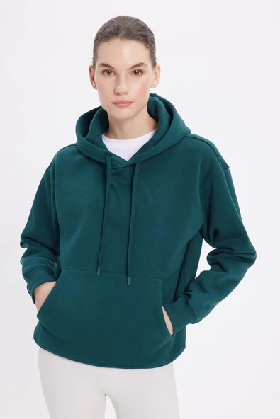 TUDORS Kapüşonlu Sweatshirt Oversize Geniş Kesim İçi Polarlı, M, SW250025-E04, Yeşil, kadın