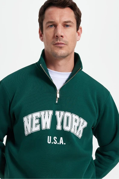 Tudors Erkek Relax Fit Pamuklu Yarım Fermuarlı Baskılı Sweatshirt, Haki, M
