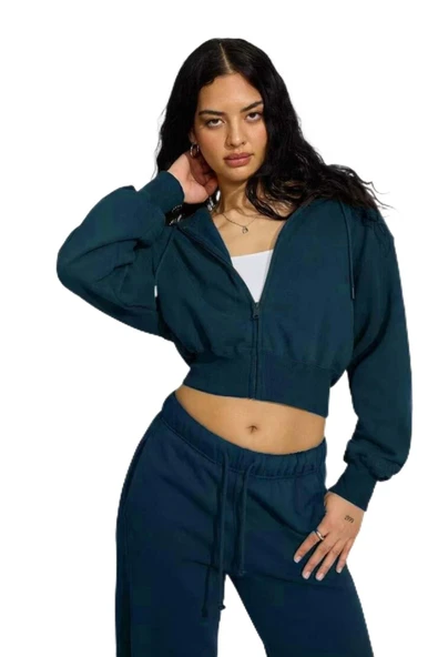 Madmext Lacivert Crop Kapşonlu Fermuarlı Kadın Sweatshirt Mg2608,Lacivert M