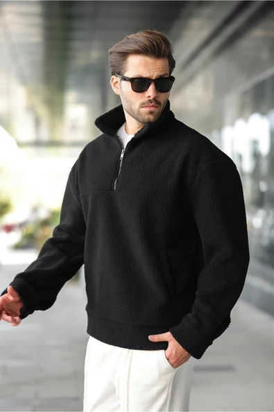 Madmext Siyah Yarım Fermuarlı Dik Yaka Polar Sweatshirt E7165,Siyah S