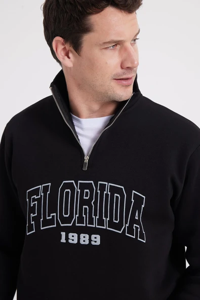 Tudors Erkek Relax Fit Pamuklu Yarım Fermuarlı Baskılı Sweatshirt, Siyah, M
