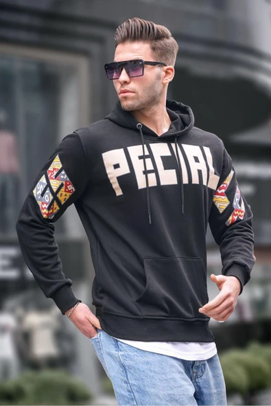 Madmext Siyah Baskılı Kapüşonlu Erkek Sweatshirt 6039,Siyah L