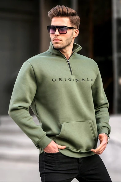 Madmext Haki Fermuar Yaka Nakışlı Sweatshirt 6028,Haki S